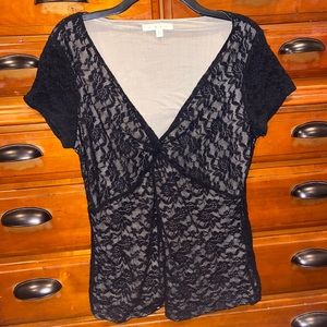 nude and black blouse w/ v-neck